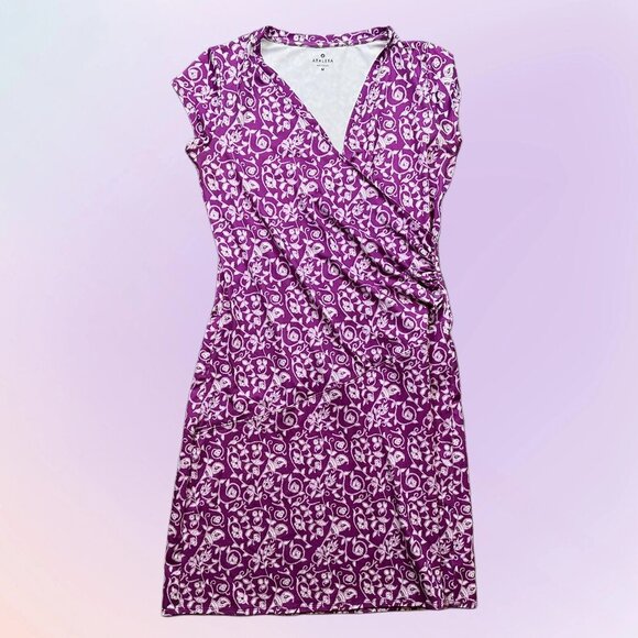 Athleta Faux Wrap Purple Floral Athletic Stretch V-Neck Dress Women's Medium - Picture 1 of 7